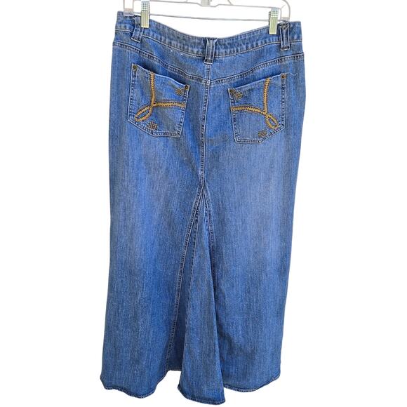 Fashion Bug Dresses & Skirts - Vintage Fashion Bug Maxi Denim Skirt Modest Embroidered Pockets Back Pleat sz 12